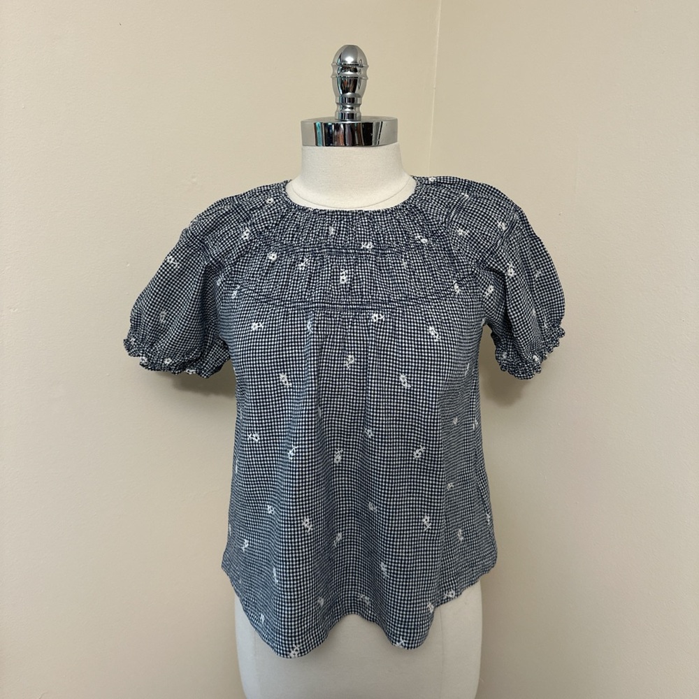 Madewell Navy Gingham Smocked Puff Sleeve Top